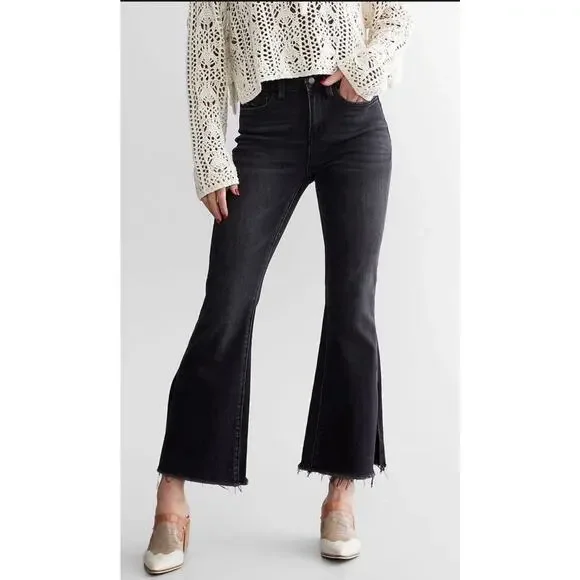 Flying Monkey Jeans Women’s Sz 29 Black High Rise Cropped Flair Distressed - Picture 1 of 14